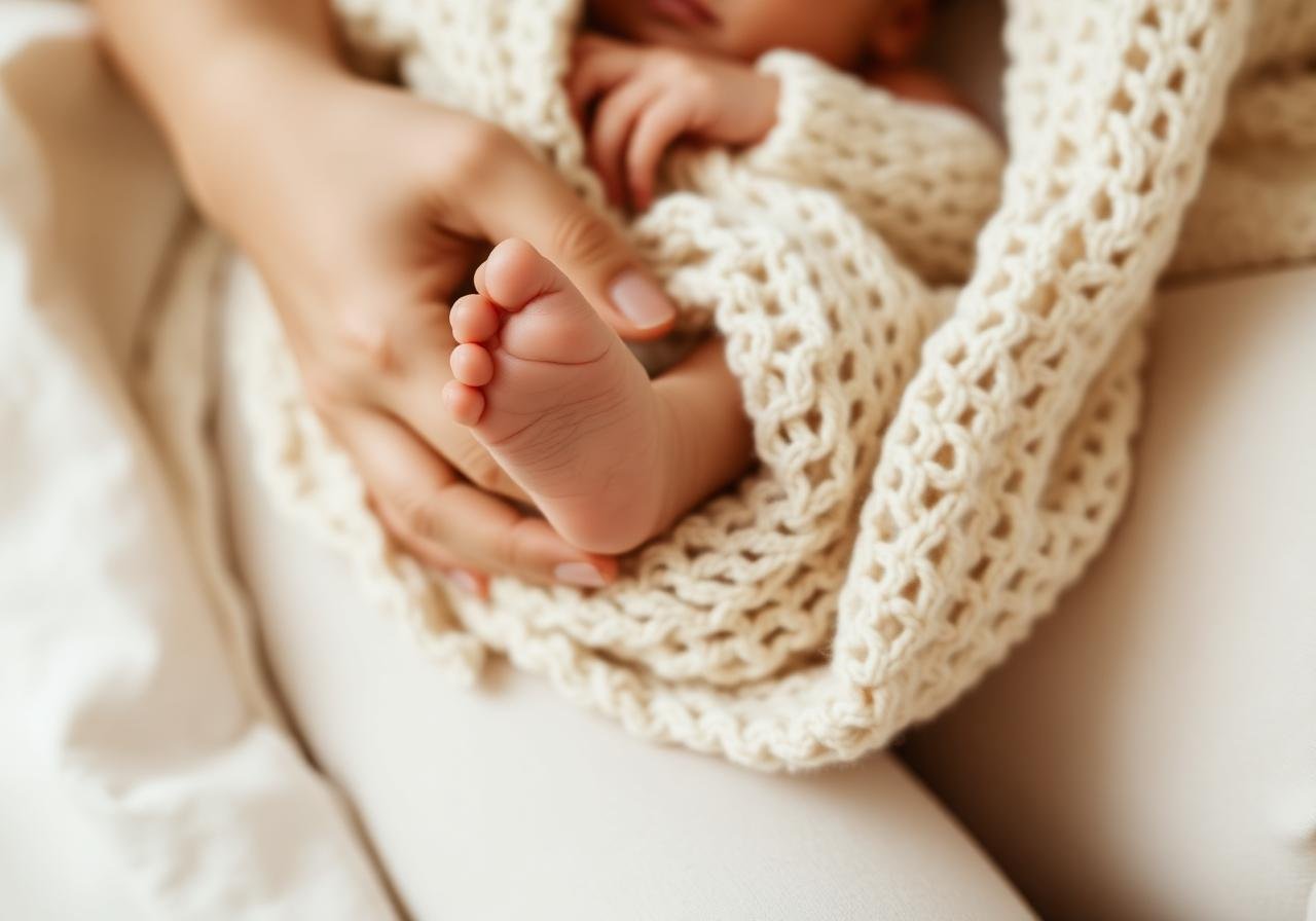 Mãe segurando os pés do bebê recém-nascido